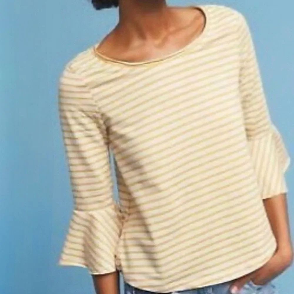 Anthropologie Deletta Celina Yellow Striped Flounce Sleeve Pullover Top